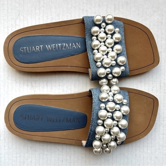 Stuart Weitzman Blue Denim Slide Flat Slip On Sandal Shoes w/ Pearls Women 5 B - Picture 14 of 14